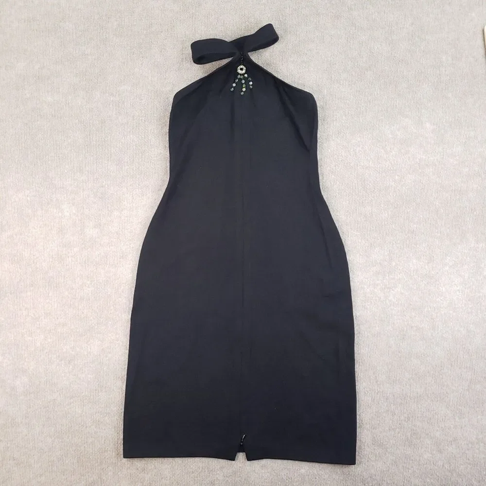 St John Evening Marie Gray‎ Dress Womens Size 2 Black Halter Jewel Beaded Neck